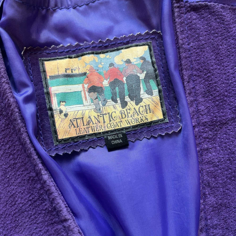 Atlantic Beach Leather Coat Works Men’s XL Suede Purple Fringe Vest Vintage - Picture 3 of 6